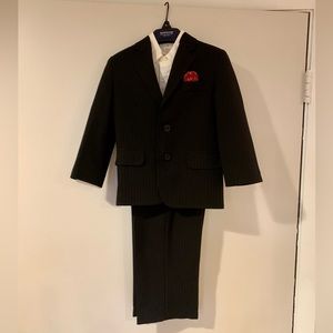 Boys black pinstripe suit with white Oxford shirt and crimson pocket square
